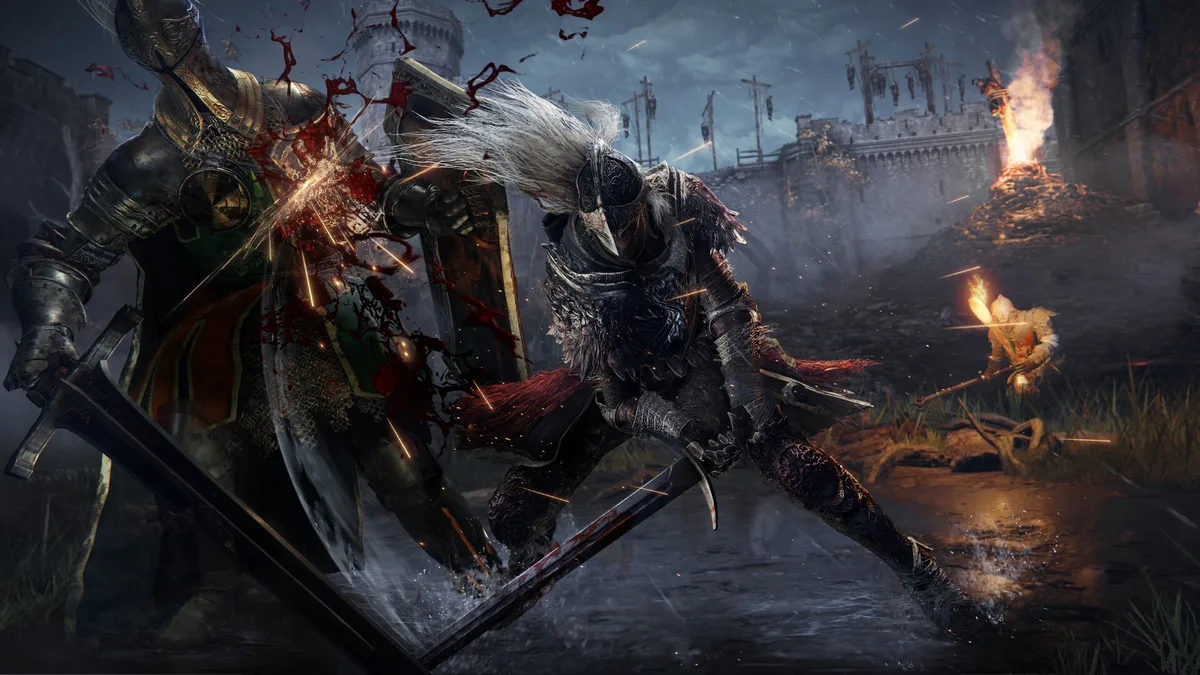 ELDEN RING screenshot: two armoured warriors clash in a bloody duel in front of a burning fortress