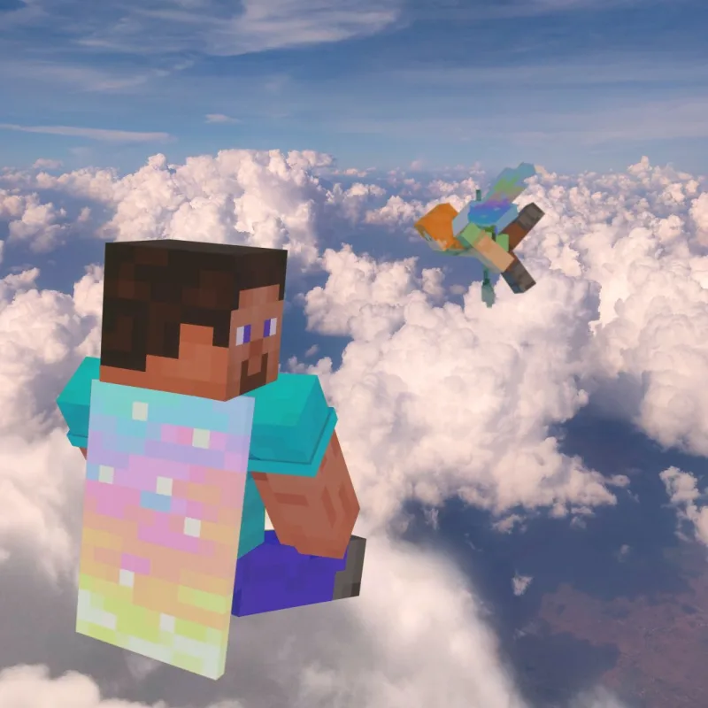 Steve mit dem pastellfarbenen Aurora-Umhang über den Wolken, aus der Ankündigung von Minecraft