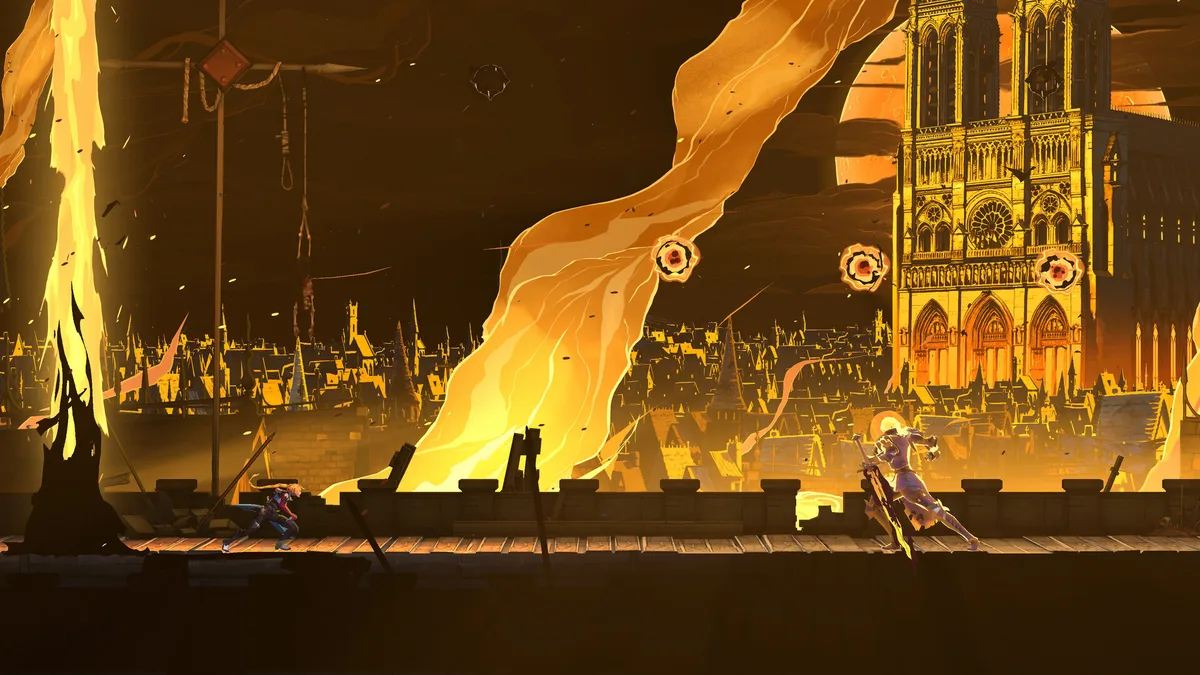 Scene from Castlevania: Belmont's Curse in front of a burning Gothic cathedral
