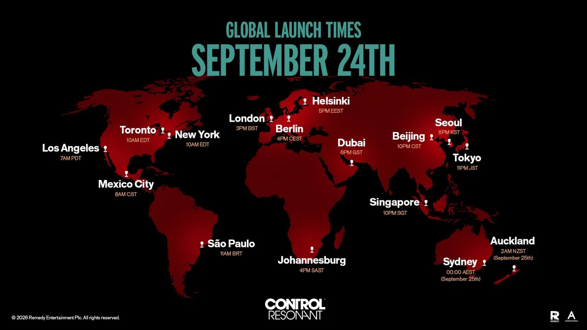 Mapa mundial con las horas de lanzamiento de CONTROL Resonant el 24 de septiembre, a las 16:00 en Berlín