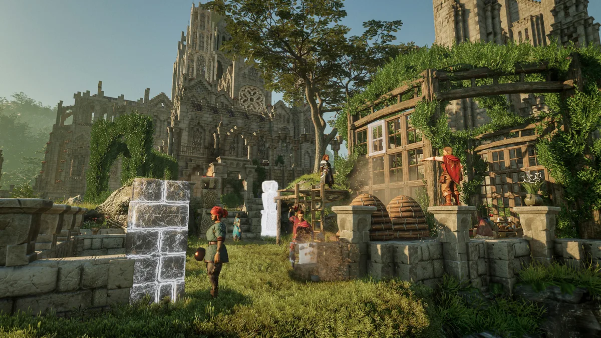 A base built among old ruins in Enshrouded, with stone walls and a workshop