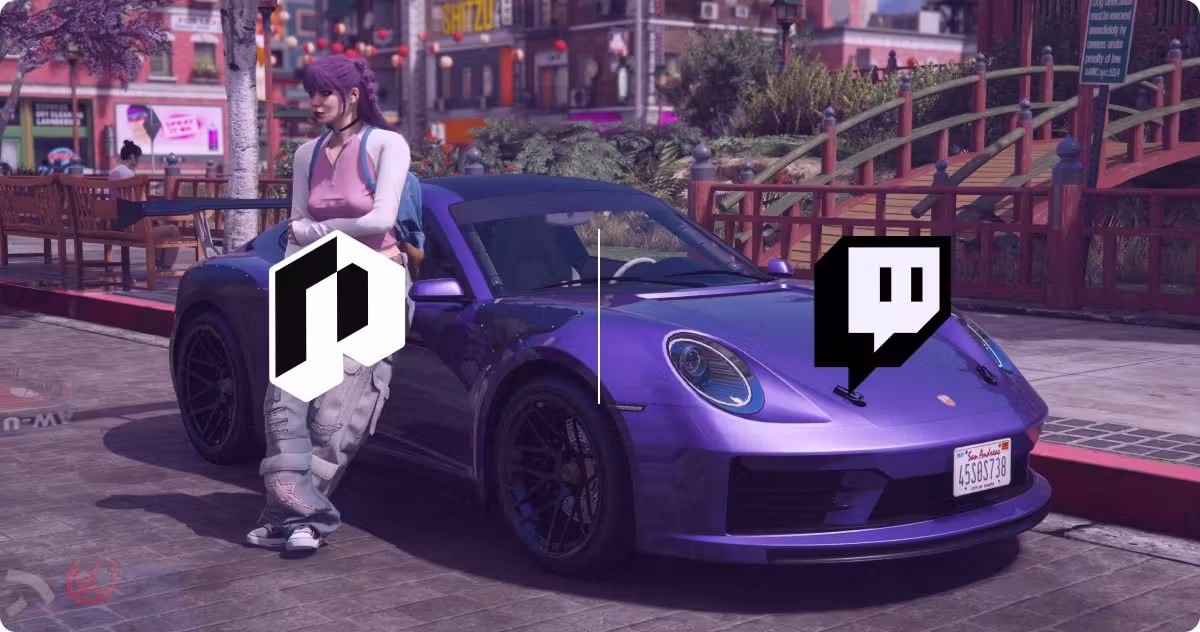 GTA RP Week on Twitch: a roleplay character next to a purple sports car with the nopixel and Twitch logos