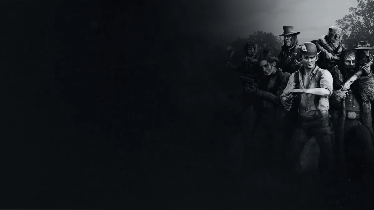 Hunt: Showdown 1896 key art: a group of hunters in western clothing with weapons in front of a dark forest