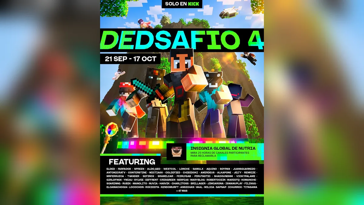 DEDsafio 4 poster on Kick, 21 September to 17 October: Minecraft characters, the global Nutria badge for 25 hours on participating channels and the list of streamers