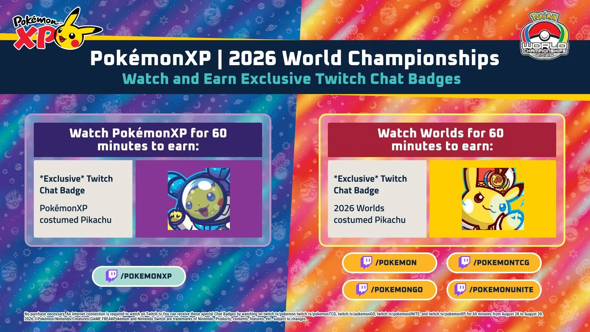 Insignia de chat de Twitch 2026 Worlds costumed Pikachu para el Campeonato Mundial Pokémon 2026, una mascota disfrazada de Pikachu