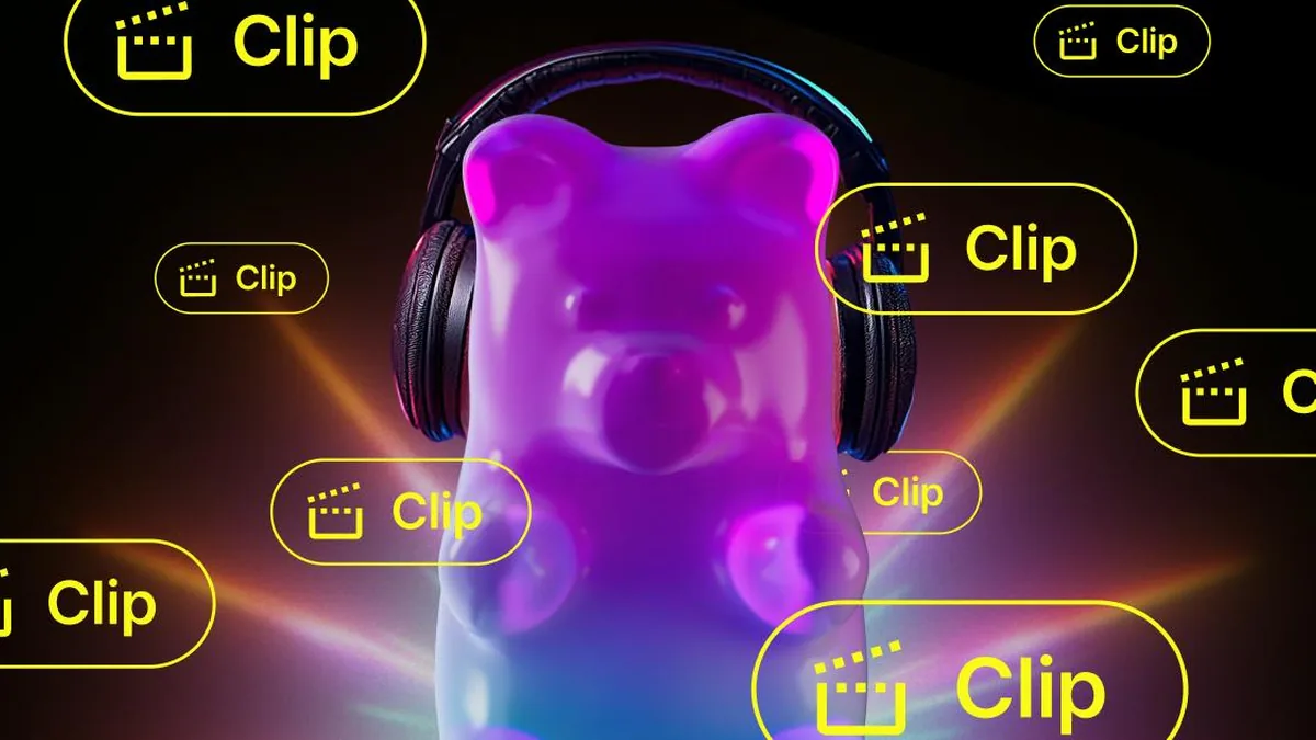 Twitch-DJ-Program-Grafik zum Start von Clips: ein leuchtender Gummibär mit Kopfhörern, umgeben von Clip-Schildern